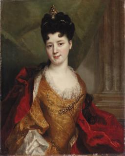 Nicolas de Largillière - Portrait of a lady, said to be a member of the De Gagne de Pérrigny family, three-quarter-length, in an embroidered gold dress with a red mantle and a tiara