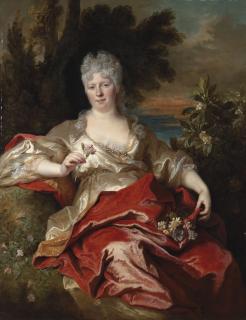 Nicolas de Largillière - Portrait of a lady, traditionally identified as the Duchess of Phalaris, seated, three-quarter-length, in a red and gold silk dress, as Flora