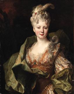 Nicolas de Largillière - Portrait of Mlle. Jeanne de Gagne Perrigny, half-length, in an embroidered orange and white dress and green wrap