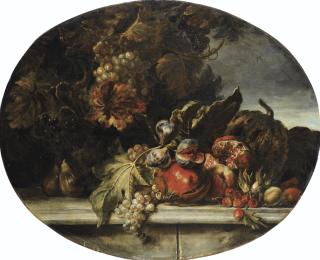 Nicolas De Largillierre - Nature Morte Aux Raisins, Grenades Et Figues Sur Un Entablement De Pierre