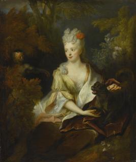 Nicolas De Largillièrre - Portrait Of A Lady Seated In A Landscape With Her Pet Dog And A Monkey