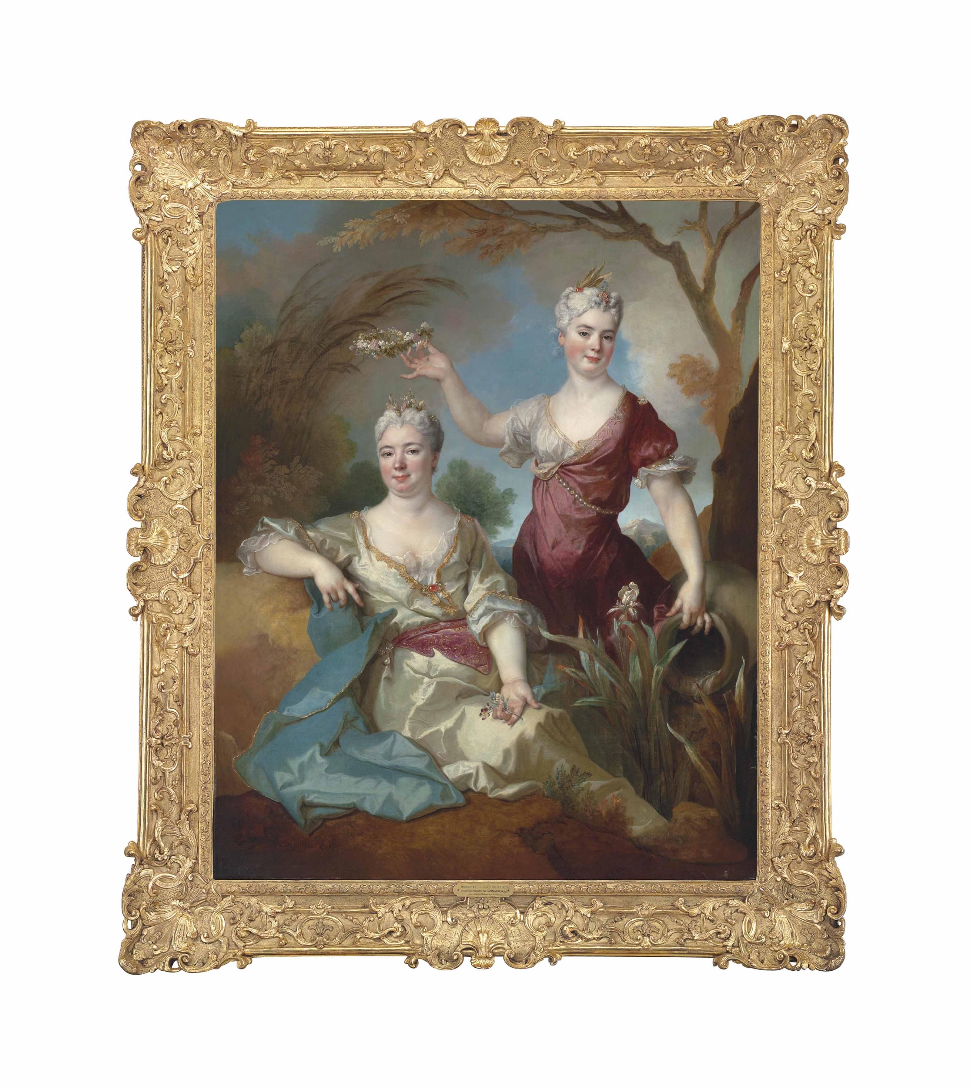 Nicolas De Largillièrre - Portrait Of Baroness Le Leu D\'Aubilly, Full-Length, In A White Dress With A Gold Trim And A Blue Wrap, And Her Daughter Madame De Guinaumont, Seated, In A Red Dress, Holding A Wreath Of Flowers, In A Wooded Landscape