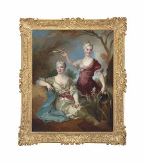 Nicolas De Largillièrre - Portrait Of Baroness Le Leu D\'Aubilly, Full-Length, In A White Dress With A Gold Trim And A Blue Wrap, And Her Daughter Madame De Guinaumont, Seated, In A Red Dress, Holding A Wreath Of Flowers, In A Wooded Landscape