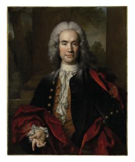 Nicolas de Largillierre - Portrait of Gaspard Gédéon Pétau, Seigneur de Maulette, half-length, in an embroidered blue waistcoat and a red velvet cape