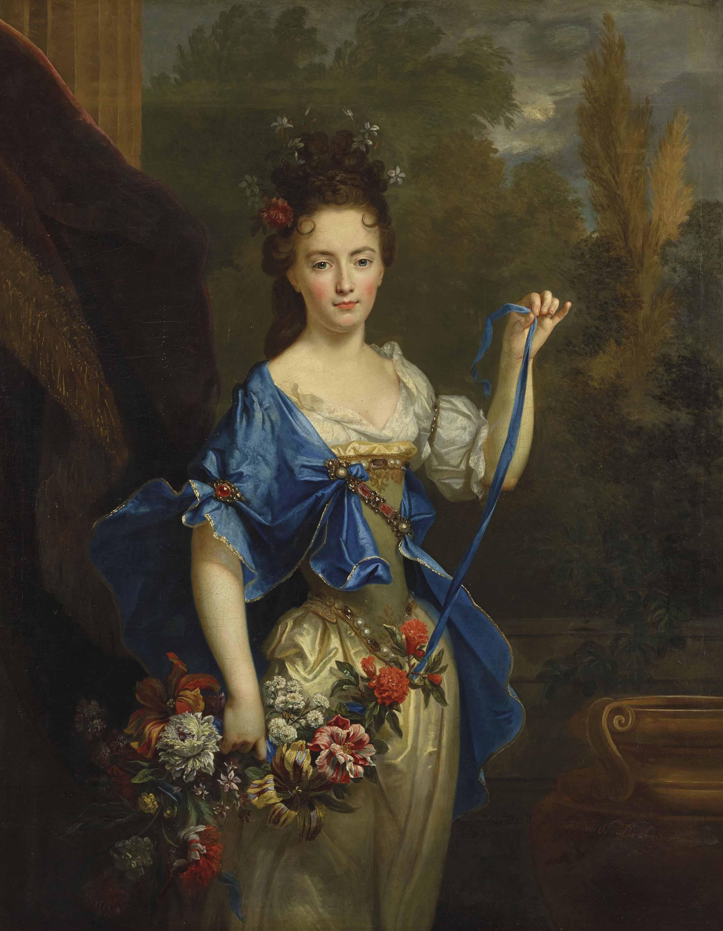 Nicolas De Largillierre - Portrait présumé de Madame de Harlay, tenant une guirlande de fleurs