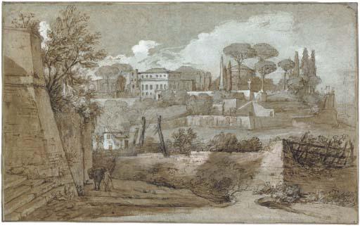 Nicolas Delobel - A view of houses and temples on a hill with pine trees, Rome
