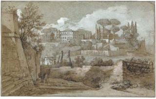 Nicolas Delobel - A view of houses and temples on a hill with pine trees, Rome