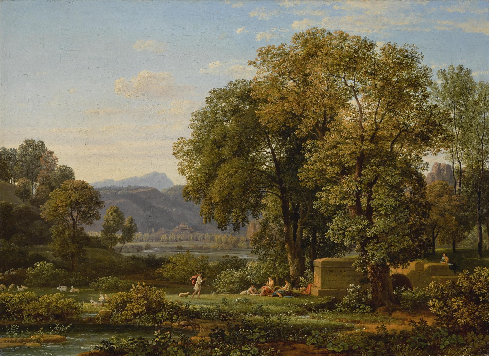 Nicolas-Didier Boguet - An Arcadian Landscape With Shepherds Playing Pipes, Resting On The Banks Of A Stream, With Mountains Beyond