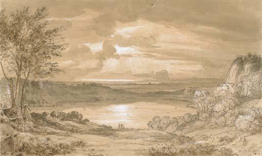 Nicolas-Didier Boguet - Un coucher de soleil sur un paysage boisé, avec des figures devant un lac