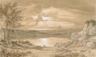 Nicolas-Didier Boguet - Un coucher de soleil sur un paysage boisé, avec des figures devant un lac