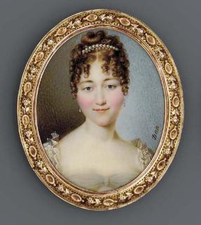 Nicolas François Dun - Athénaïs d\'Arlincourt, comtesse de Sassenay (d. 1862), full face in white dress with lace-bordered sleeves, drop pearl earrings, pearls in her upswept and curled light brown hair