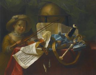 Nicolas-Henry Jeaurat De Bertry - A Still Life Of Pipes, A Globe, An Engraved Musical Score Of A French Overture And A Violin On A Table Draped With A Red Cloth, A Young Girl Looking On