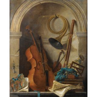 Nicolas-Henry Jeaurat De Bertry - Nature Morte En Trompe L\'Oeil Aux Instruments De Musique Et Au Livret De Castor Et Pollux De Rameau