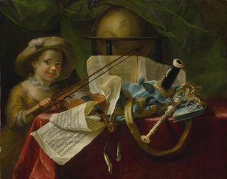 Nicolas-Henry Jeaurat De Bertry - Still Life Of Musical Instruments, A Globe And Other Objects On A Table Draped In A Red Velvet Cloth, With A Young Girl Holding A Bow