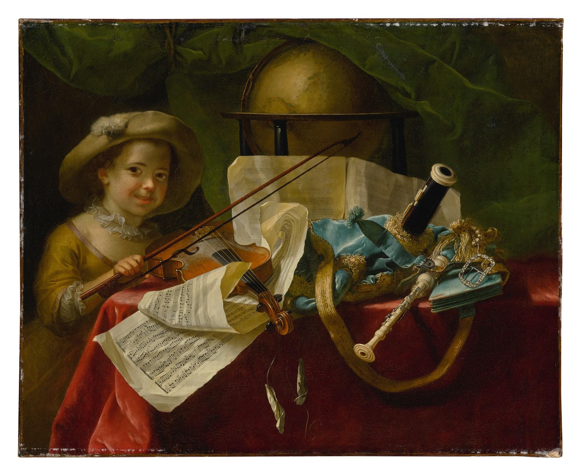 Nicolas-Henry Jeaurat De Bertry - Still Life Of Musical Instruments, A Globe And Other Objects On A Table Draped In A Red Velvet Cloth, With A Young Girl Holding A Bow