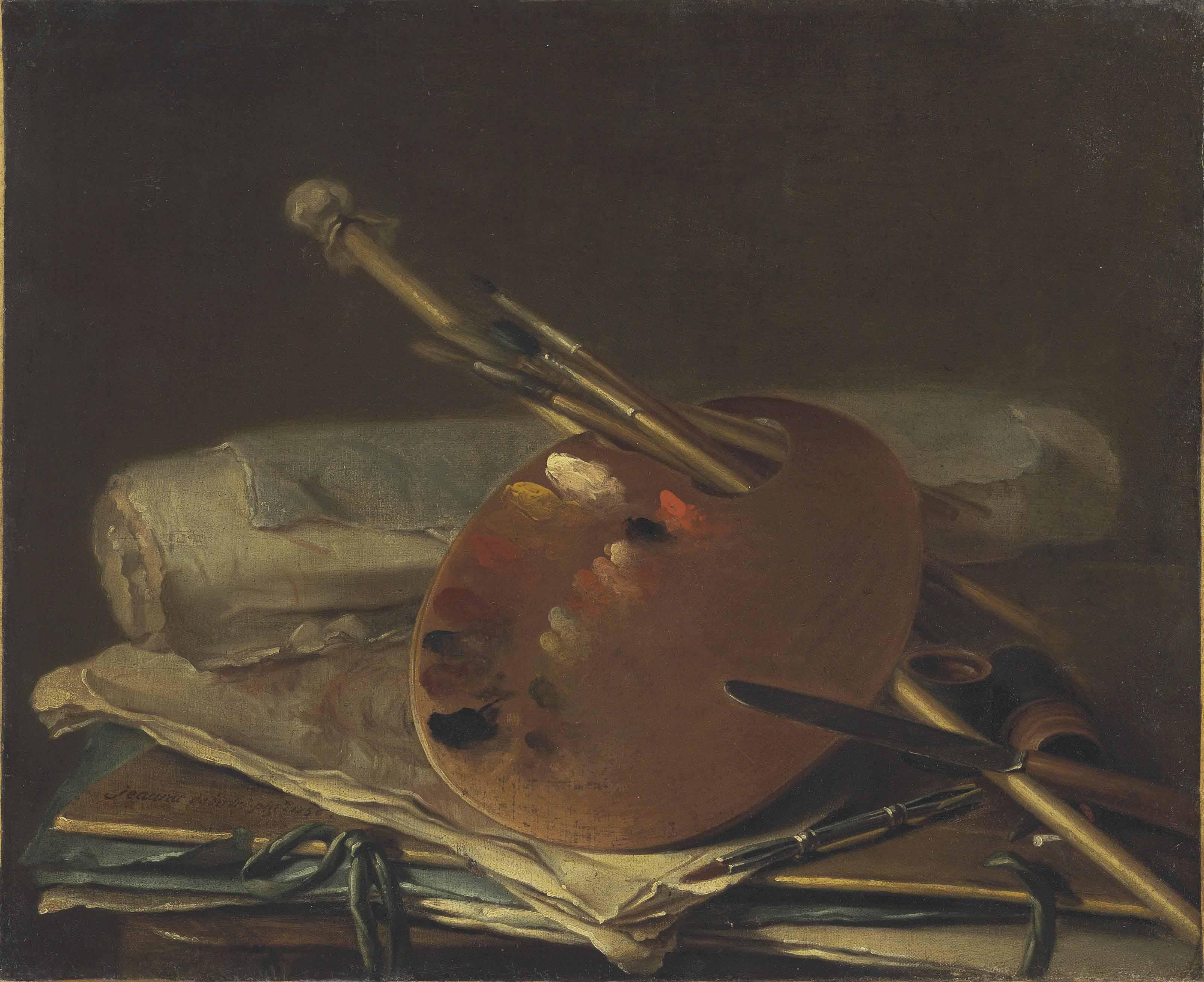 Nicolas Henry Jeurat De Bertry - An artist\'s palette with brushes, a mahl stick, a knife, papers and portfolios