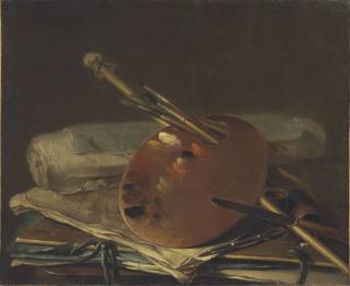 Nicolas Henry Jeurat De Bertry - An artist\'s palette with brushes, a mahl stick, a knife, papers and portfolios