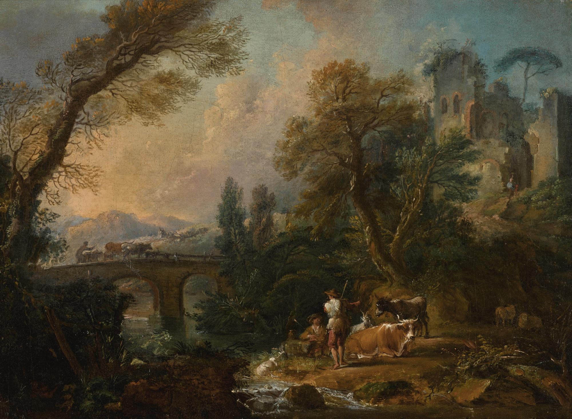 Nicolas Jacques Julliard - A Pastoral Landscape With Herders And Their Animals Resting Beside A River, A Bridge Beyond