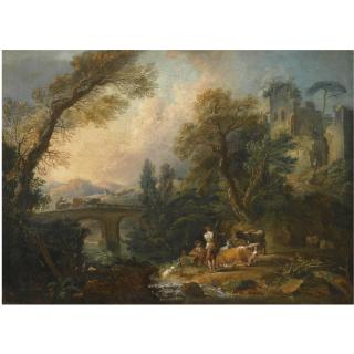 Nicolas Jacques Julliard - A Pastoral Landscape With Herders And Their Animals Resting Beside A River, A Bridge Beyond