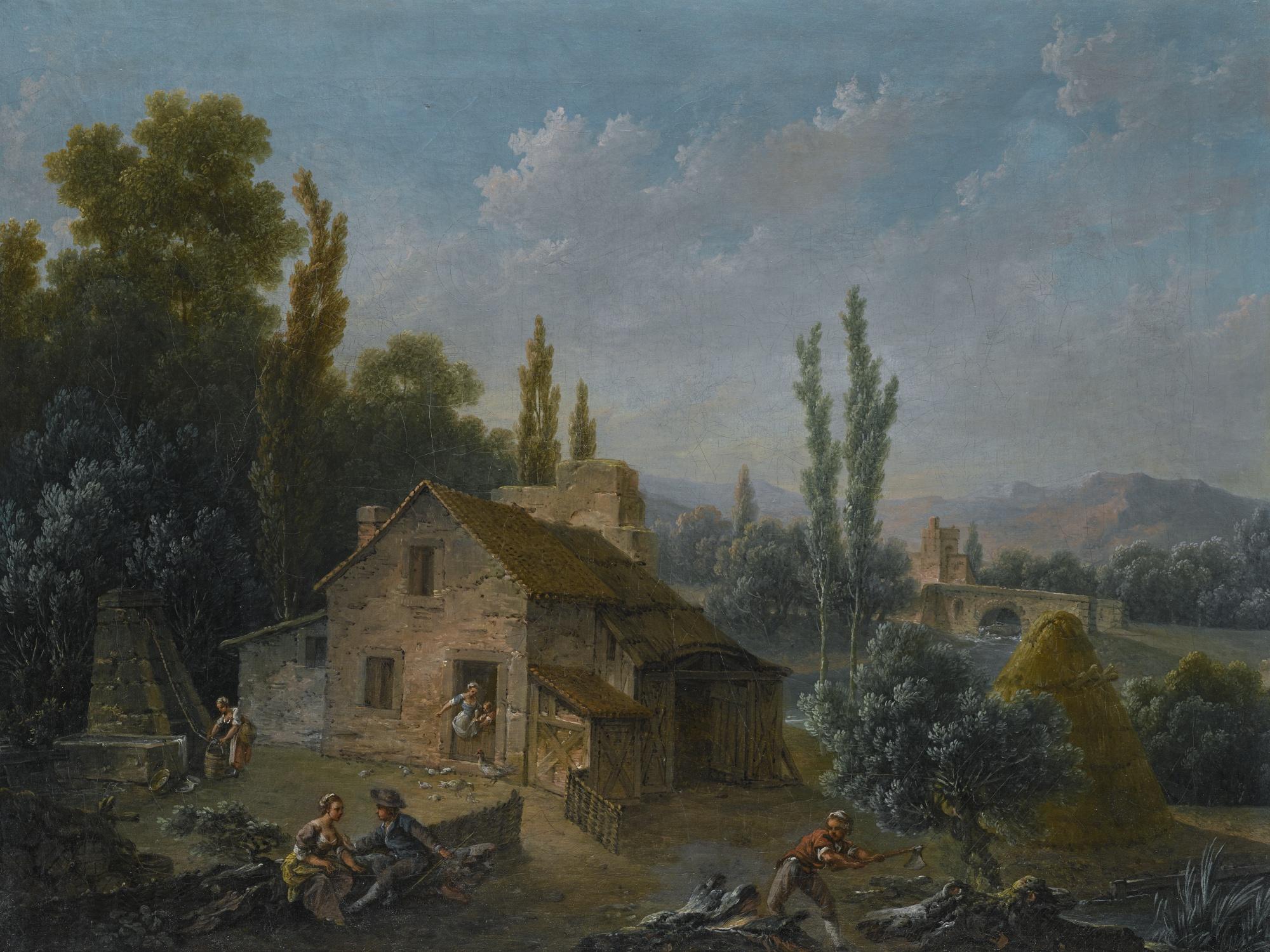 Nicolas Jacques Julliard - River Landscape With A Farm, With Figures Drawing Water And Chopping Wood