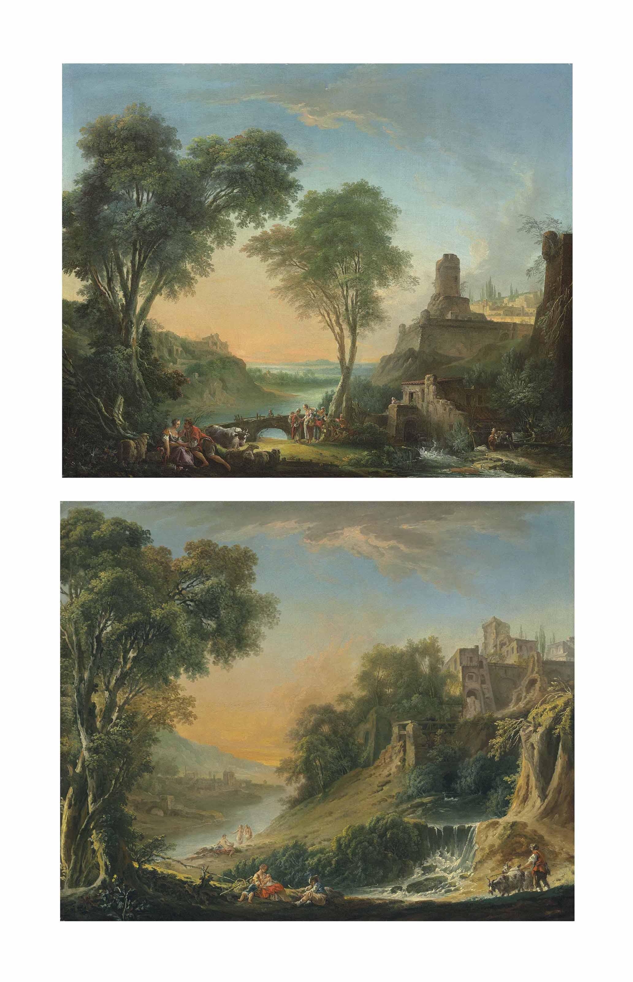 Nicolas-Jacques Julliard - Un paysage pastoral au moulin (1) ; et Un paysage pastoral à la cascade (2)