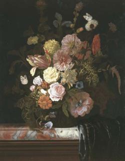 Nicolas Lachtropius - Roses, peonies, tulips and other flowers, in a glass bowl standing on a veined marble slab, the corner which is covered in a plum-colored silk drapery