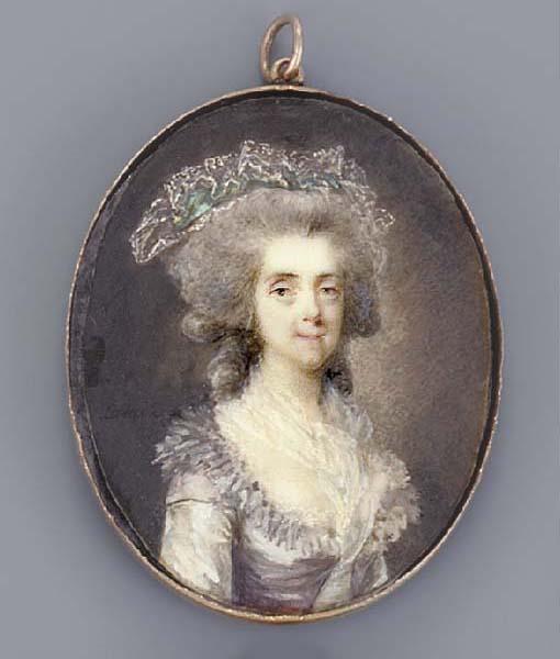 Nicolas Lafrensen - Melanie Le Doulceur, facing right in white silk dress with purple silk surcoat with ruffled border, white gauze scarf tied around her neck, elaborate lace and green ribbon headgear in her powdered upswept hair