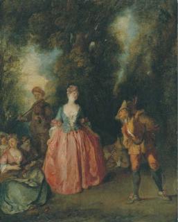 Nicolas Lancret - A fête galante: an elegant lady dancing with Pulcinella in a wooded landscape