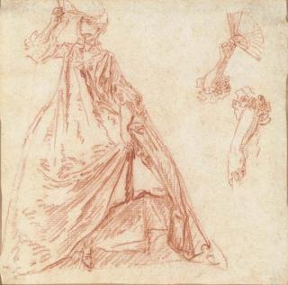 Nicolas Lancret - A lady holding a fan, with subsidiary studies of her arms