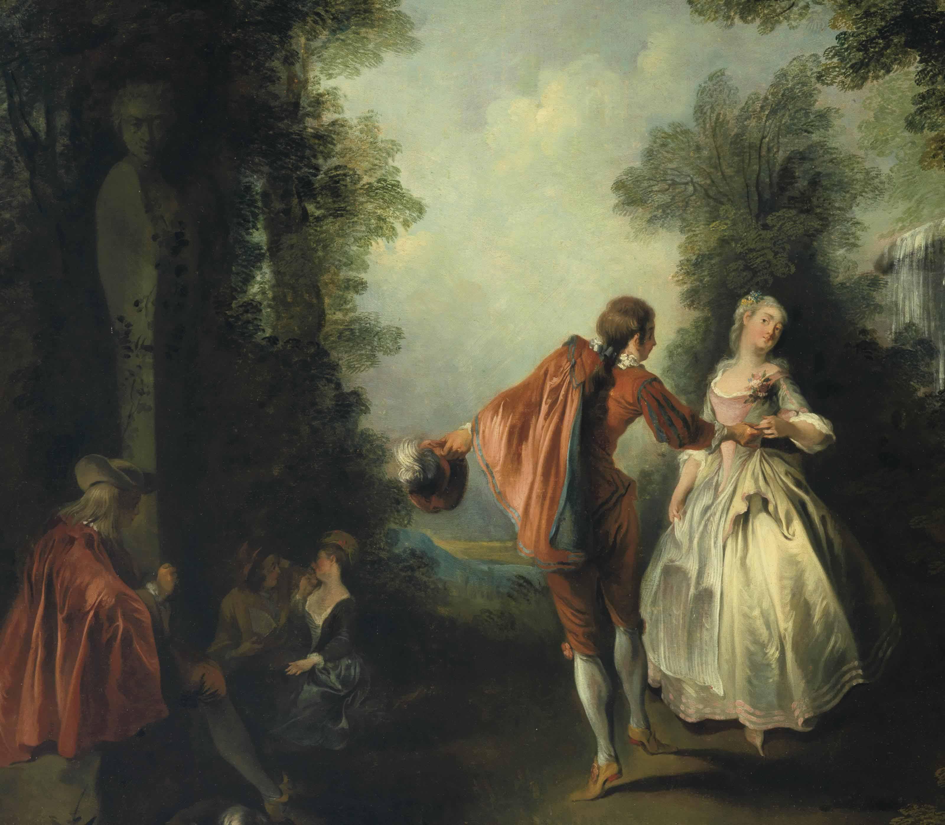 Nicolas Lancret - Elegant figures dancing in a wooded landscape