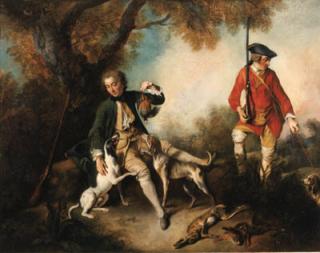 Nicolas Lancret - \'La Halte de Chasseurs\': A huntsman holding a gamebird and resting by a tree, his servant and hounds nearby