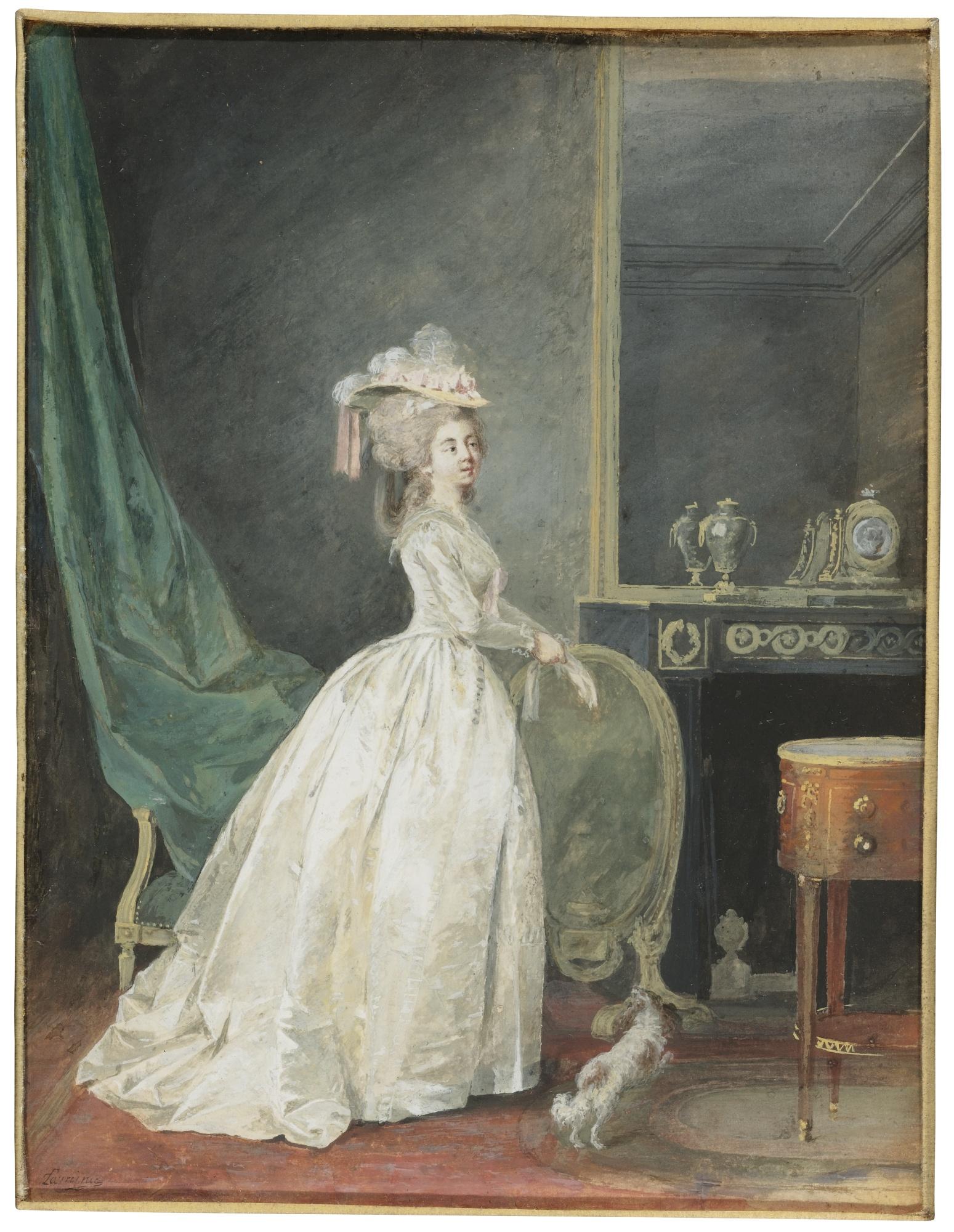 Nicolas Lavreince - A Lady Standing In An Interior, Preparing To Go Out With Her Dog