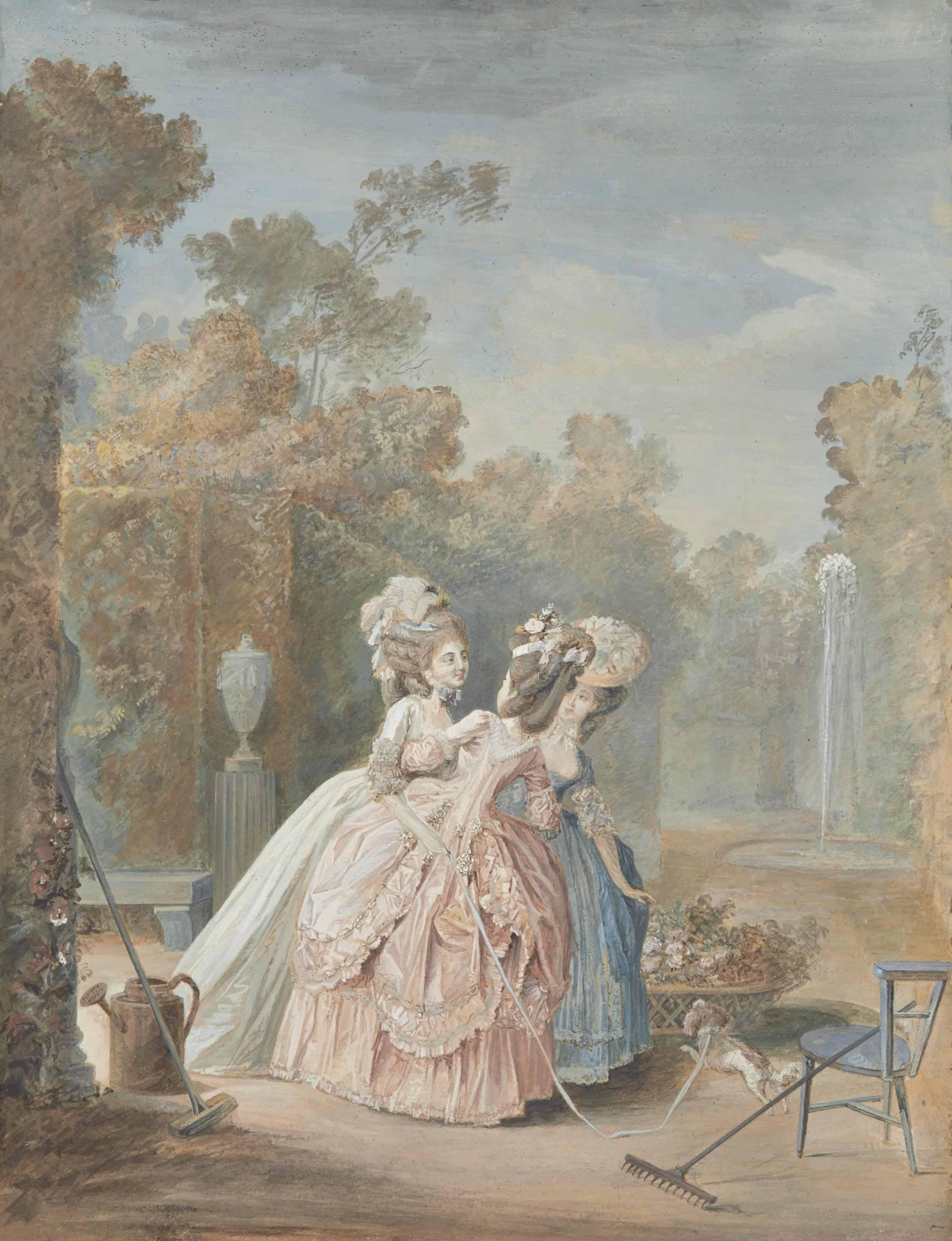 Nicolas Lavreince - Trois Femmes Discutant Dans Un Parc, Dont L\'Une Tenant Un Chien En Laisse