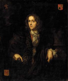 Nicolas Maes - Portrait of Johannes Bouwens (1663-1720), half-length, in a brown jacket and an embroidered waistcoat, his left arm resting on the base of a column