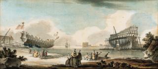 Nicolas-Marie Ozanne - The builder\'s yard; and Three-masters preparing to set sail