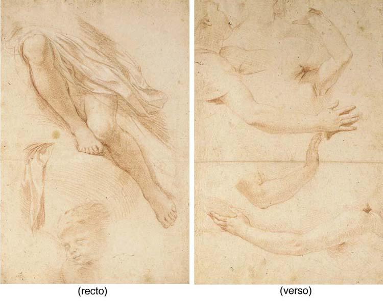 Nicolas Mignard - Studies of legs, a drapery and the head of a putto (recto); Studies of arms and a head (verso)