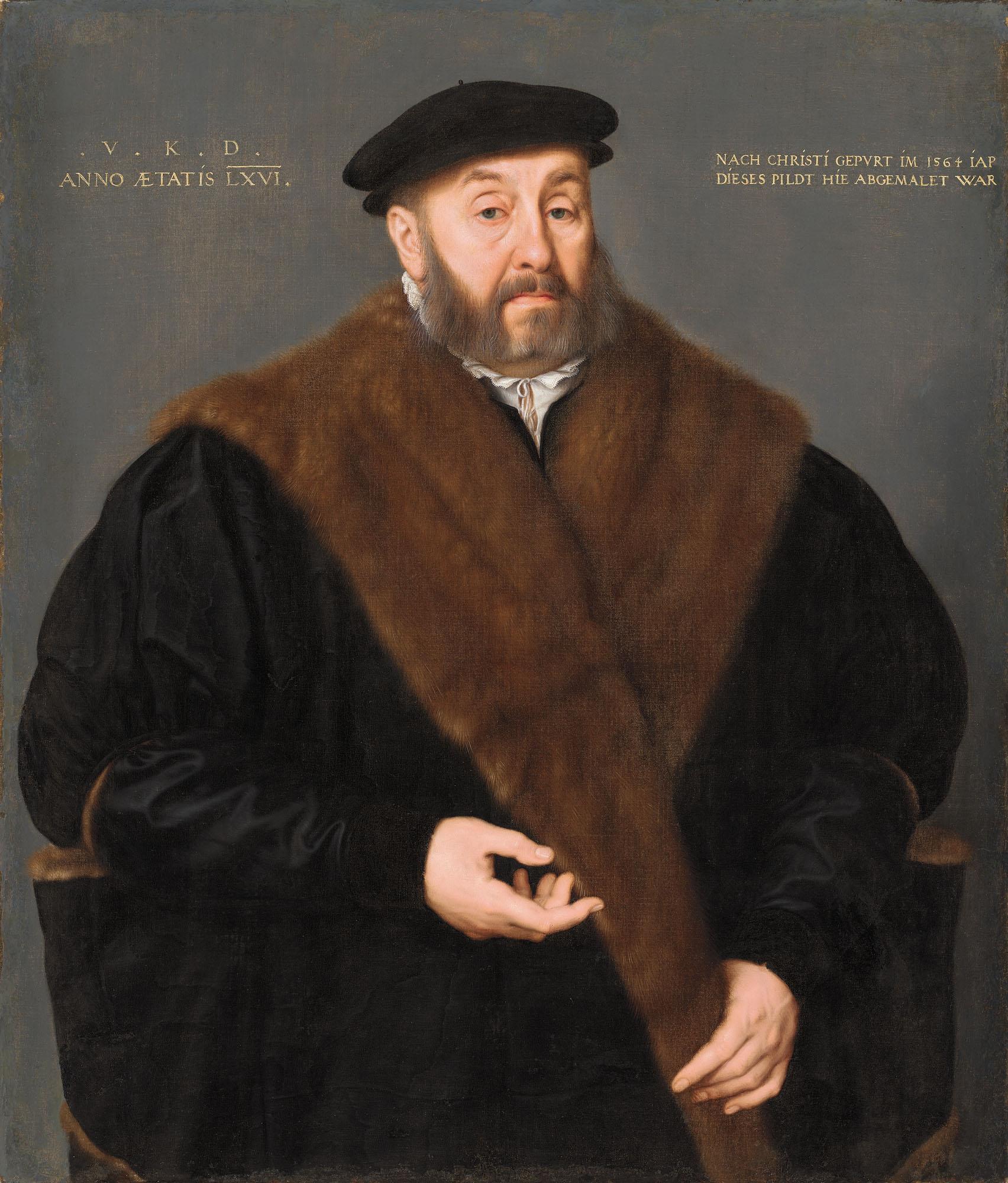 Nicolas Neufchatel - Portrait of Valentin Kötzler (1499-1564), half-length, in a fur lined black gown and a black hat