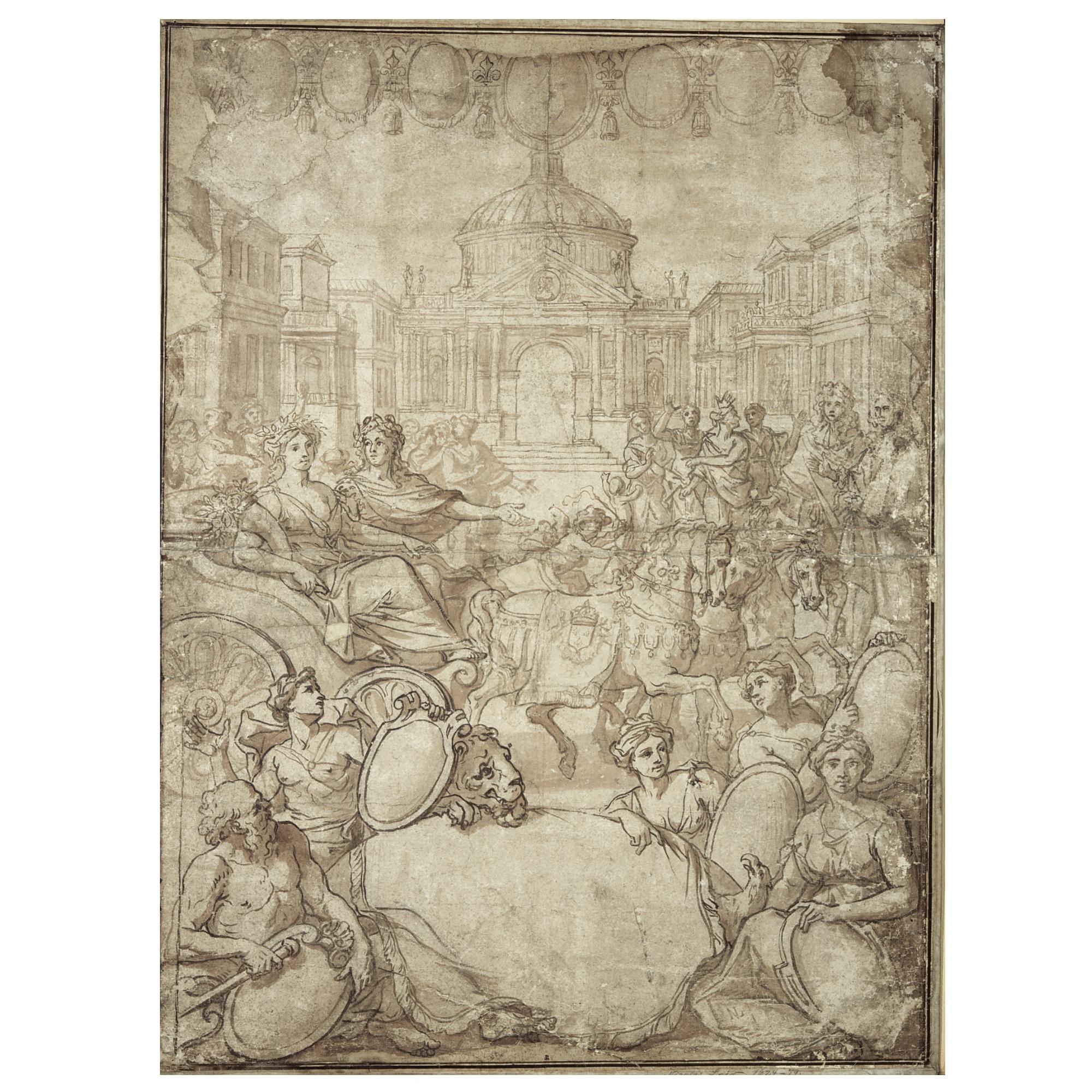 Nicolas Pierre Loir - A Design For A Frontispiece, With King Louis Xiv Seated On A Throne Beside Abundance And Other Allegorical Figures