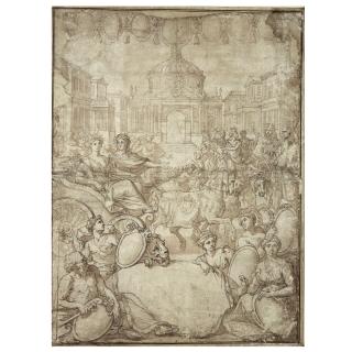 Nicolas Pierre Loir - A Design For A Frontispiece, With King Louis Xiv Seated On A Throne Beside Abundance And Other Allegorical Figures