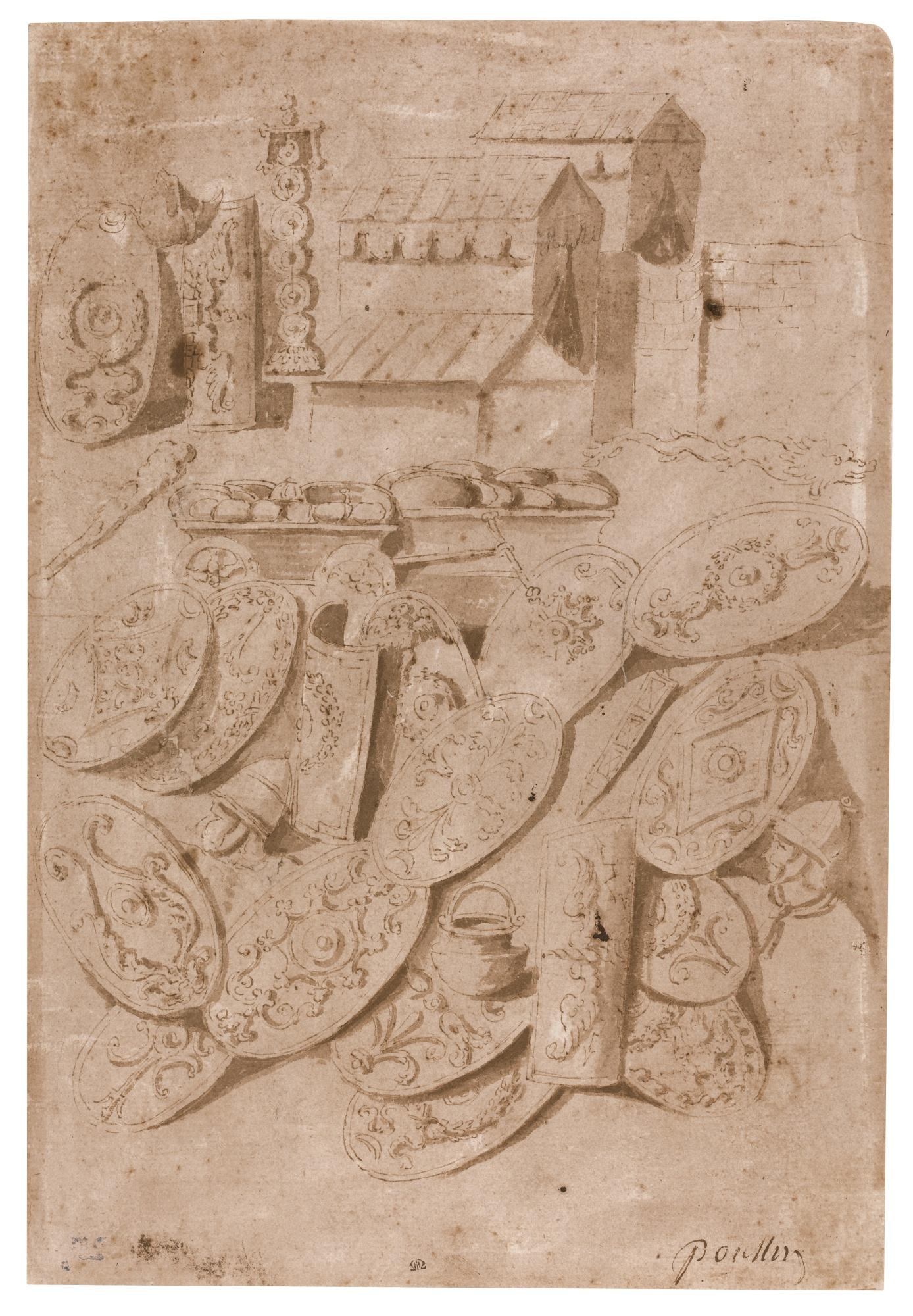 Nicolas Poussin - Tents, Standards, Shields, Helmets, Loaded Carts And Other Objects, After Trajan\'S Column