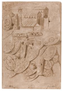 Nicolas Poussin - Tents, Standards, Shields, Helmets, Loaded Carts And Other Objects, After Trajan\'S Column