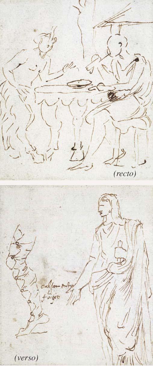 Nicolas Poussin - The Satyr and the Peasant (recto), studies of leg and a draped figure, after the antique (verso)
