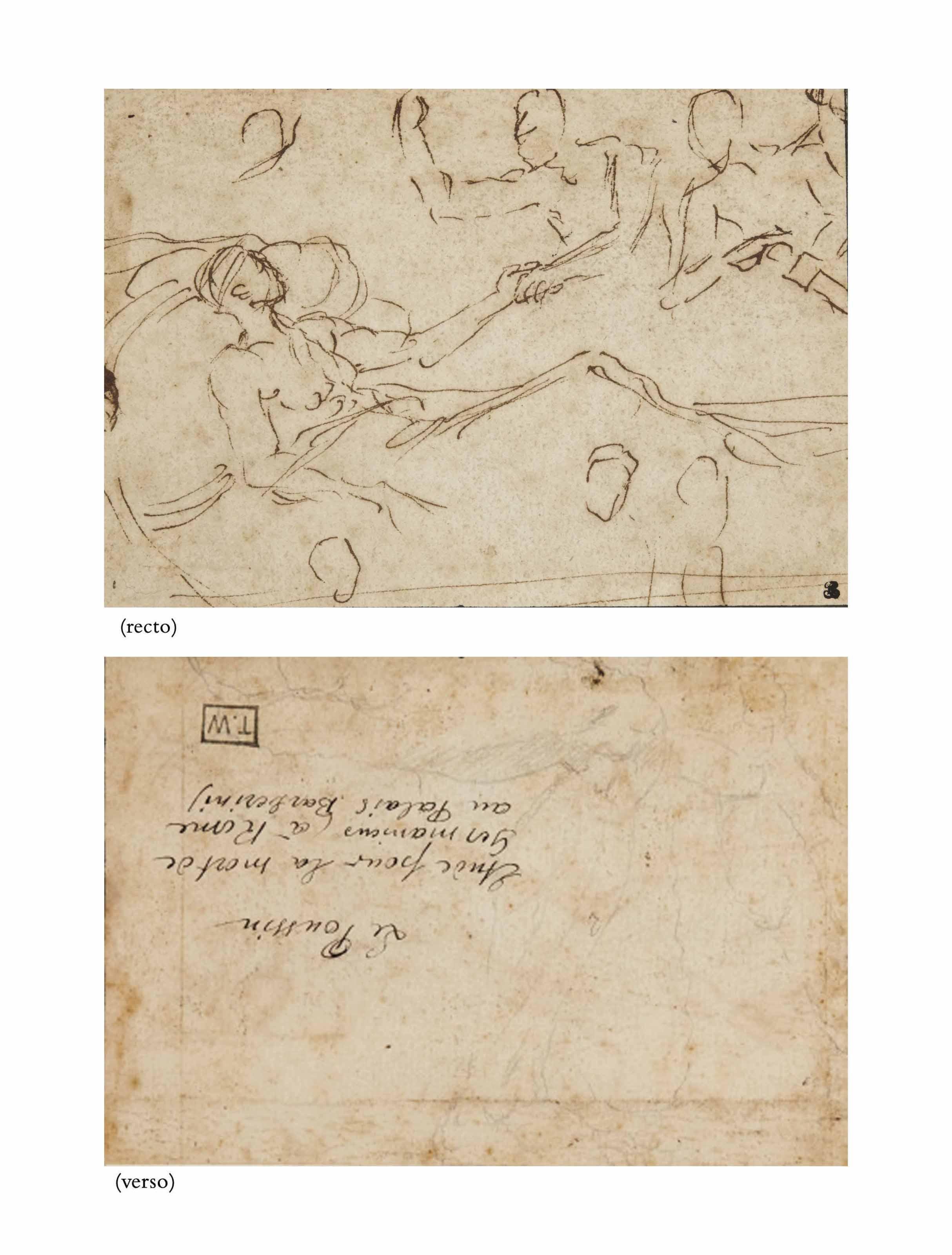 Nicolas Poussin - Un Homme Allongé Sur Un Lit, Deux Hommes Debout Derrière, L\'Un Lui Tenant La Main (Recto); Et Etude De Jambe (Verso)