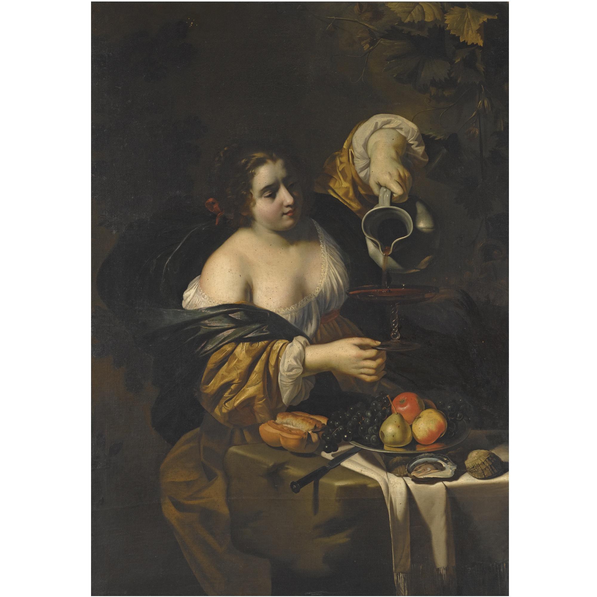 Nicolas Régnier - A Young Woman Pouring Red Wine From A Pitcher Into A Glass, A Still Life Of Grapes, A Pear And Apples On A Silver Platter, A Knife And Bread-Roll, And Oysters Nearby