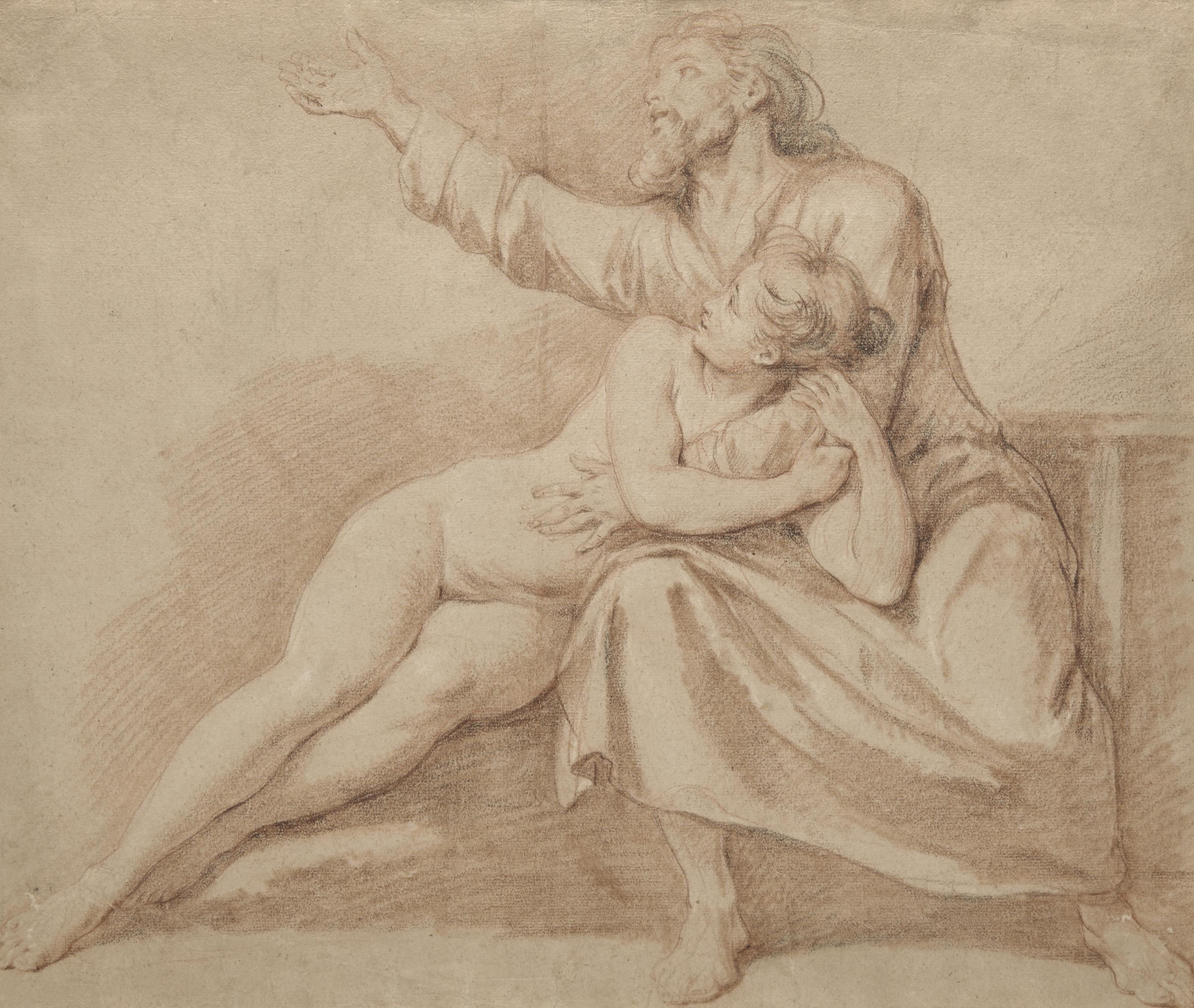 Nicolas-René Jollain - Homme Barbu Enlaçant Une Jeune Femme Nue, Tournés Vers La Gauche