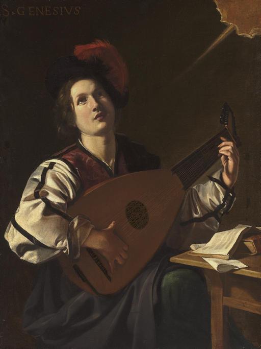 Nicolas Tournier - A Musician, Identified As Saint Genesius, Playing A Lute