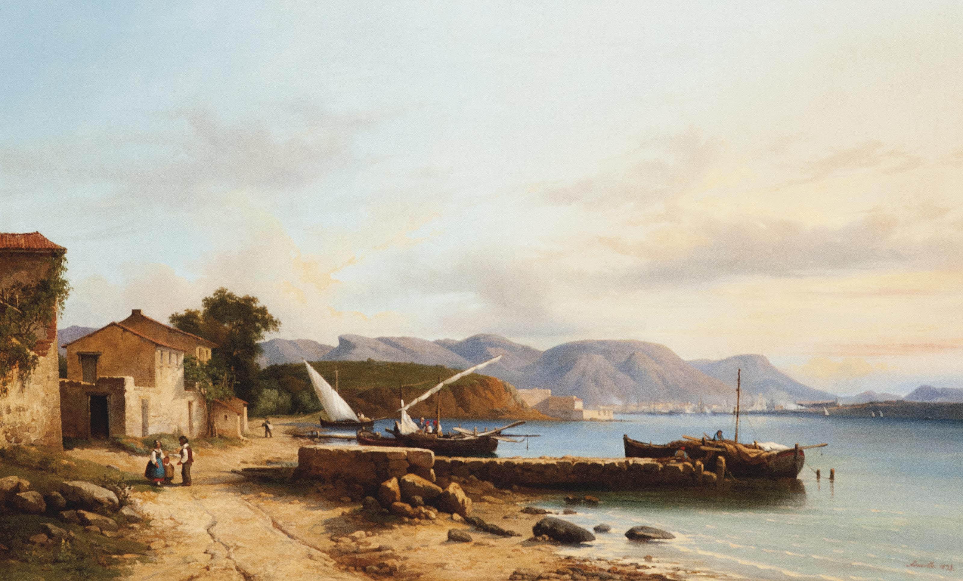 Nicolas Victor Fonville - Figures conversing at a fishing village