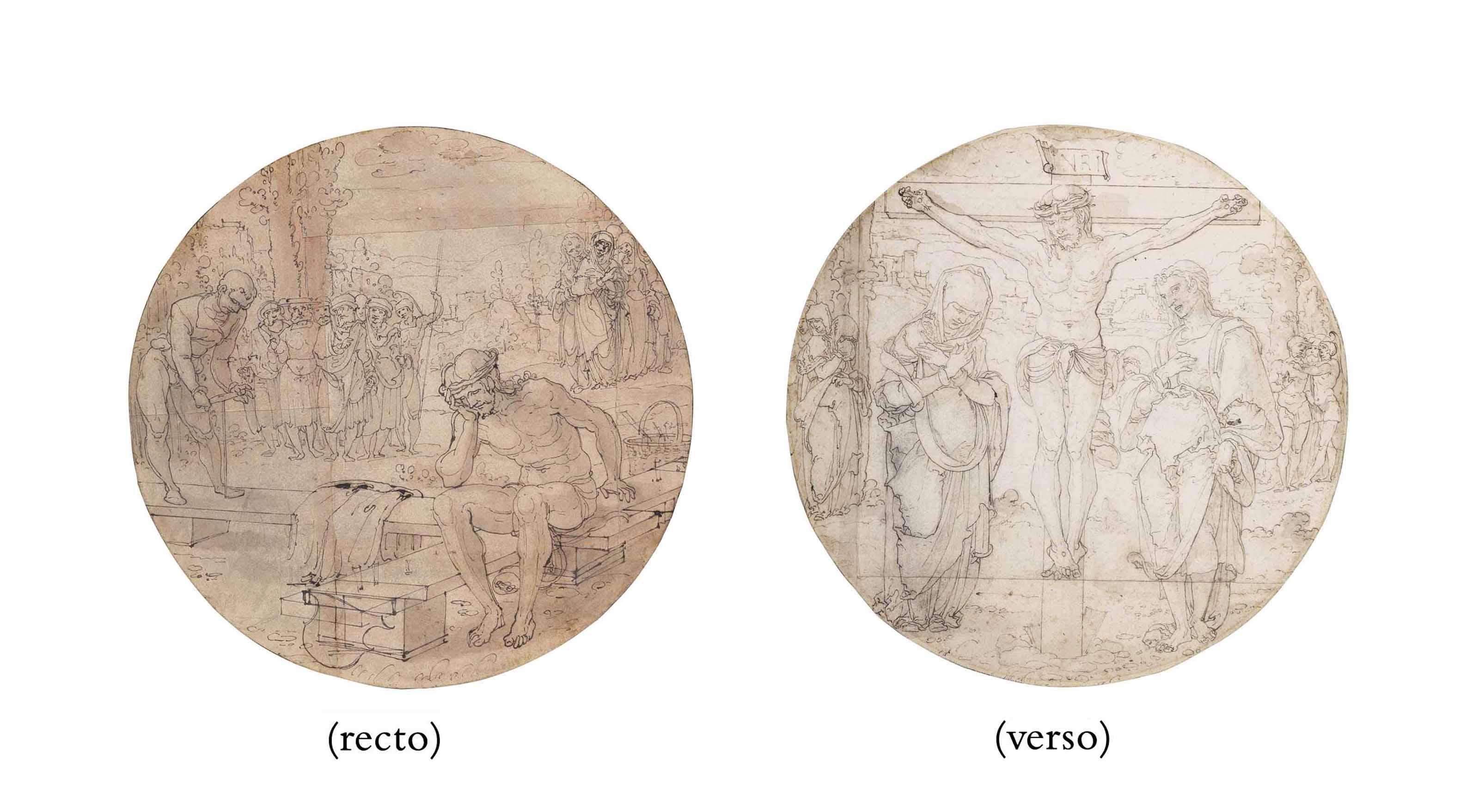 Nicolaus Hogenberg - Two roundels: Christ as the Man of Sorrows, seated on the Cross, with a blank shield for the donor\'s coat-of-arms below (recto); The Crucifixion with the Virgin Mary and Saint John the Evangelist (verso)