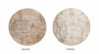 Nicolaus Hogenberg - Two roundels: Christ as the Man of Sorrows, seated on the Cross, with a blank shield for the donor\'s coat-of-arms below (recto); The Crucifixion with the Virgin Mary and Saint John the Evangelist (verso)