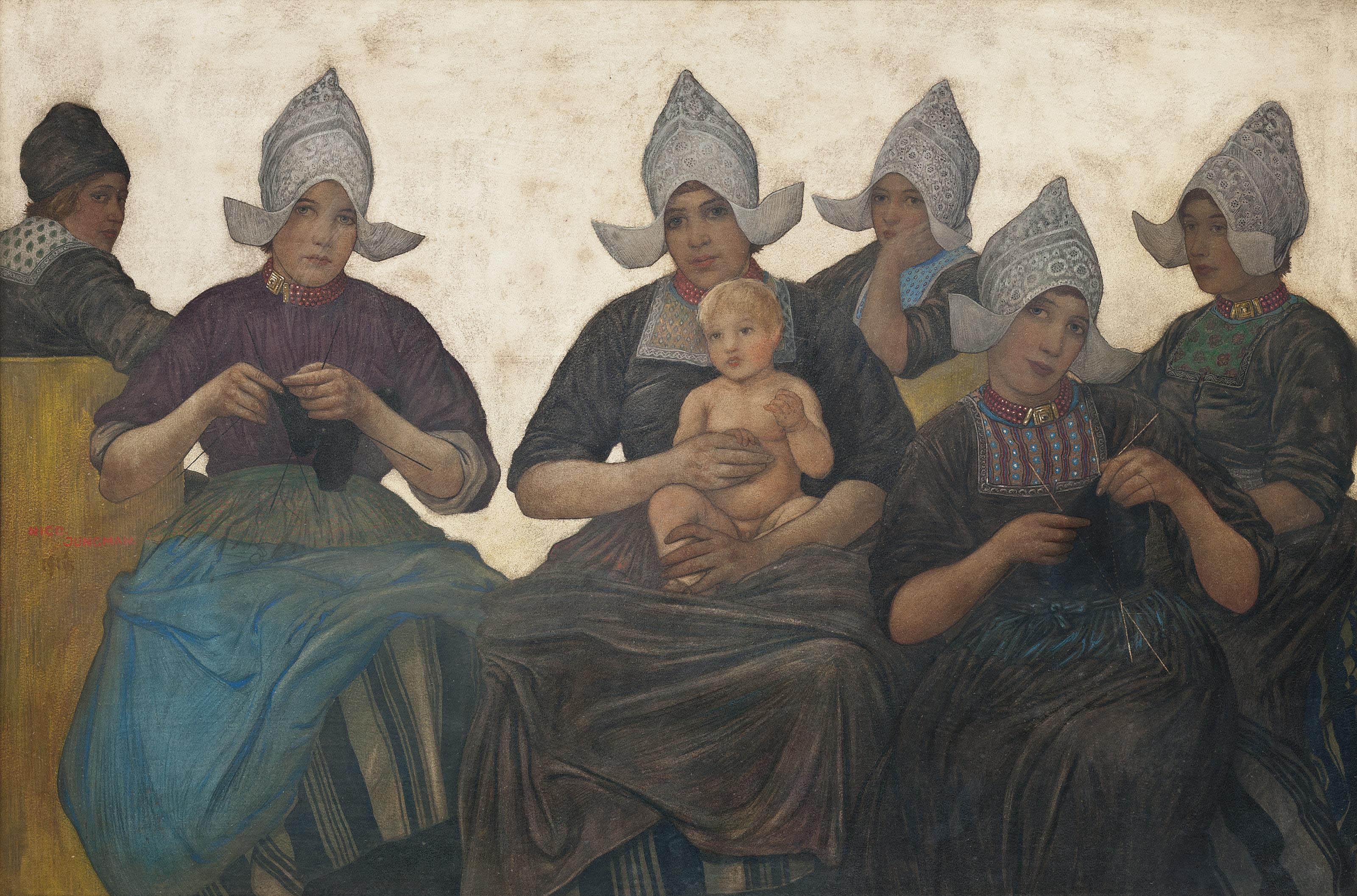 Nicolaus Wilhelm Jungmann - Dutch ladies knitting in traditional dress